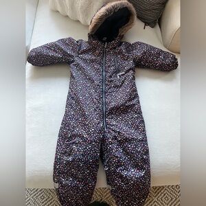 Floral Patterned Snowsuit with Faux Fur Hood